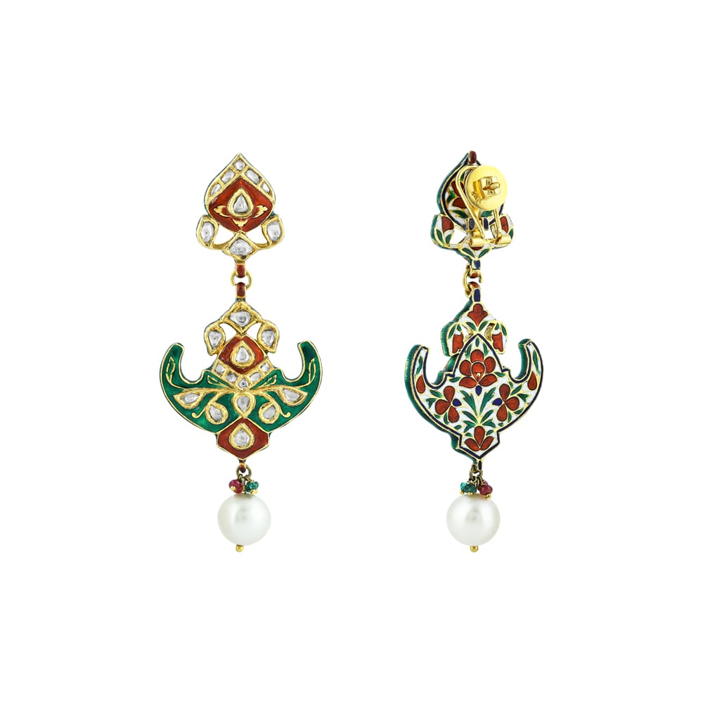 Polki Earrings with Green-Red Enamel, Floral Motif and Pearls